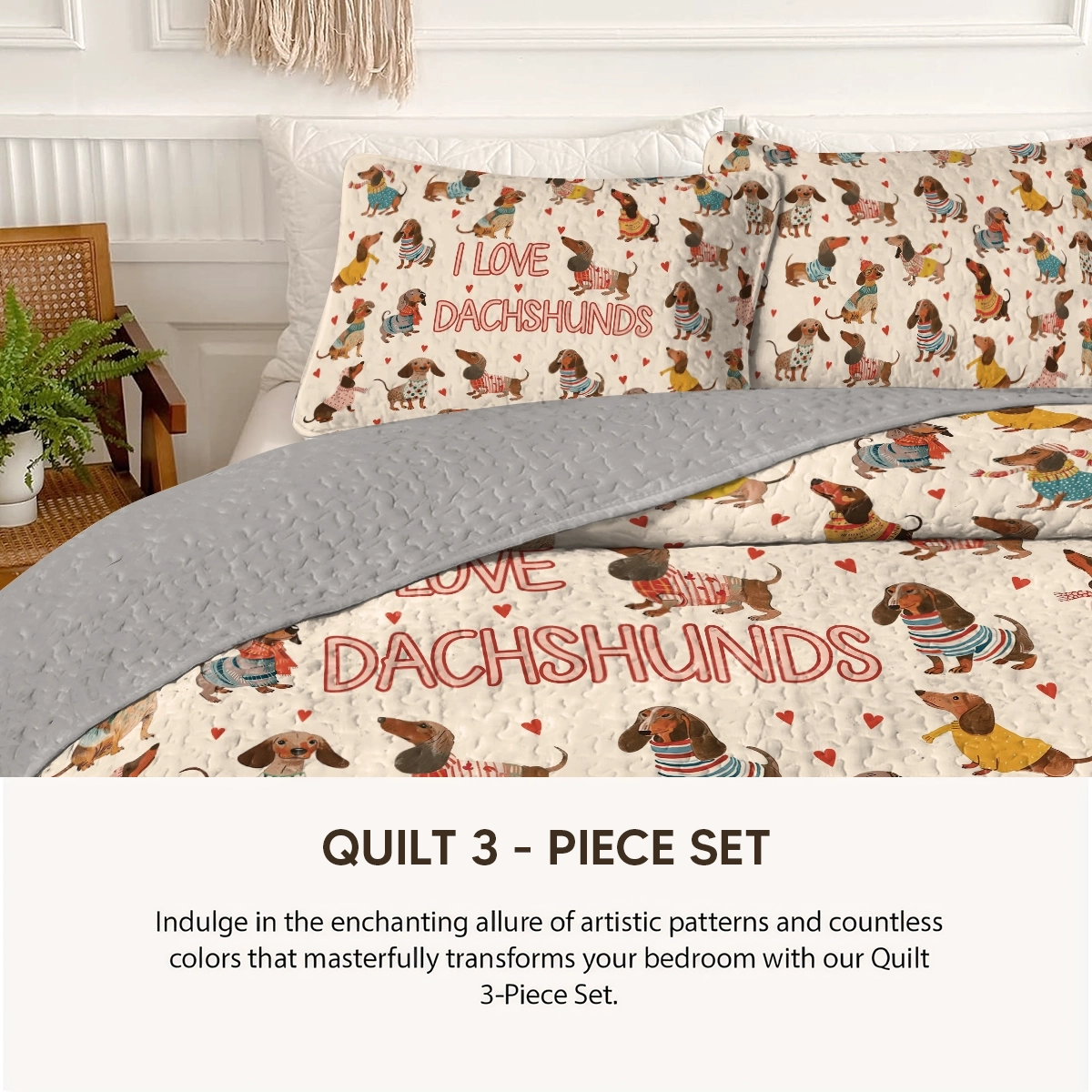 Pajabear Quilt 3-Piece Set Dachshund Lovely Delight