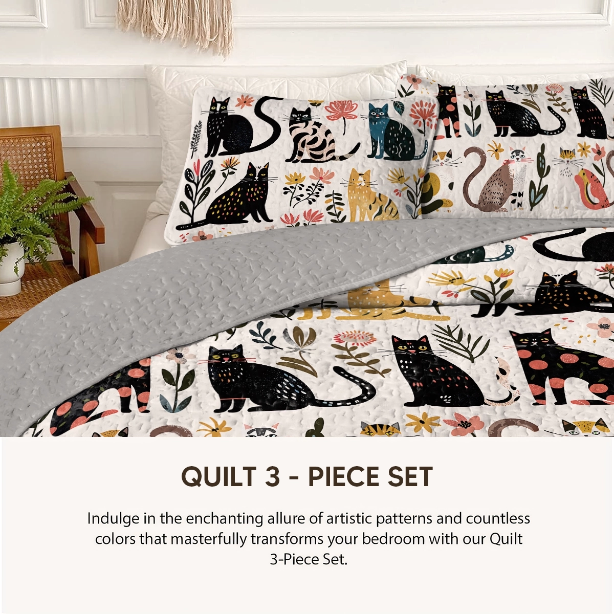 Pajabear Quilt 3-Piece Set Botanical Cat Bliss
