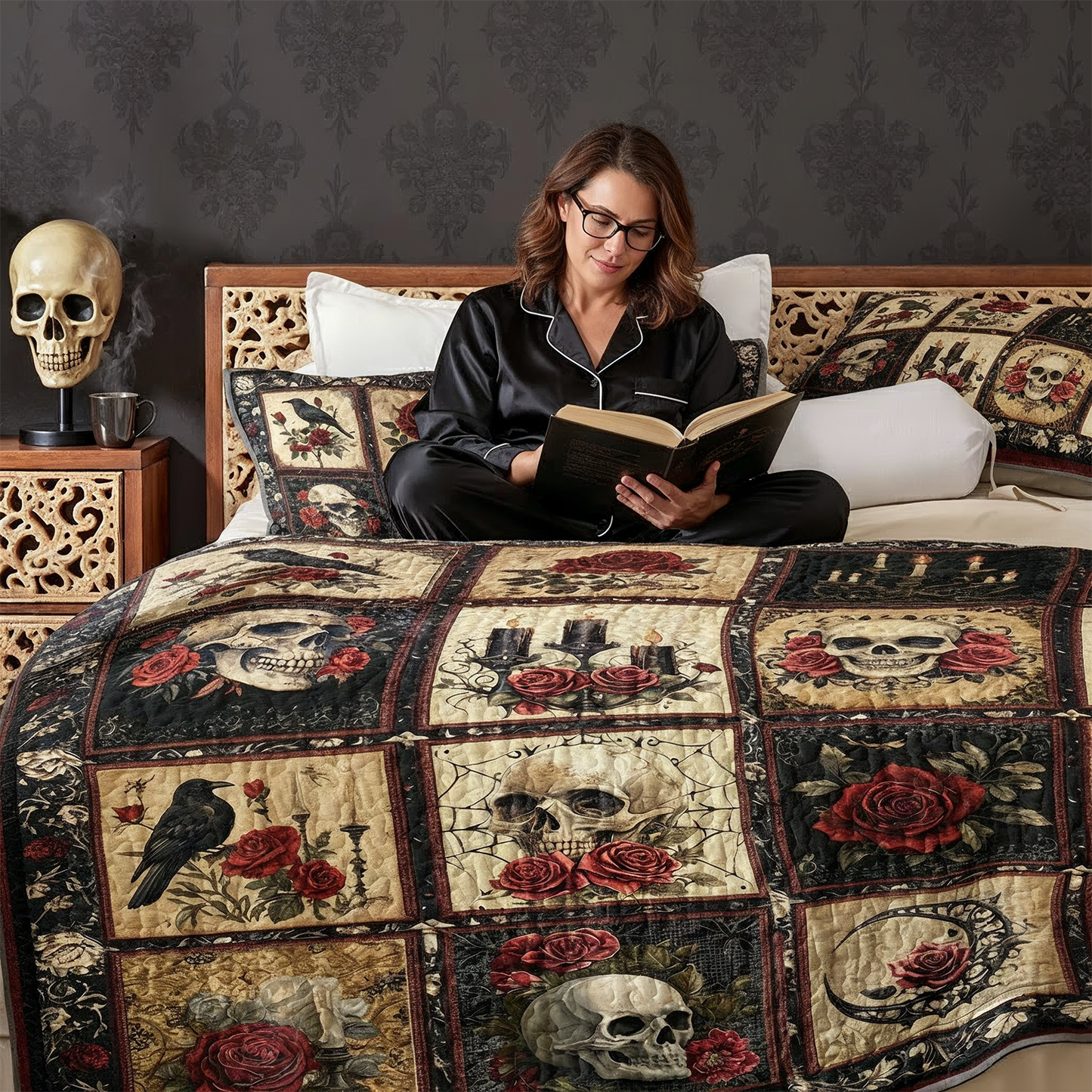 Pajabear Quilt 3-Piece Set Victorian Skull