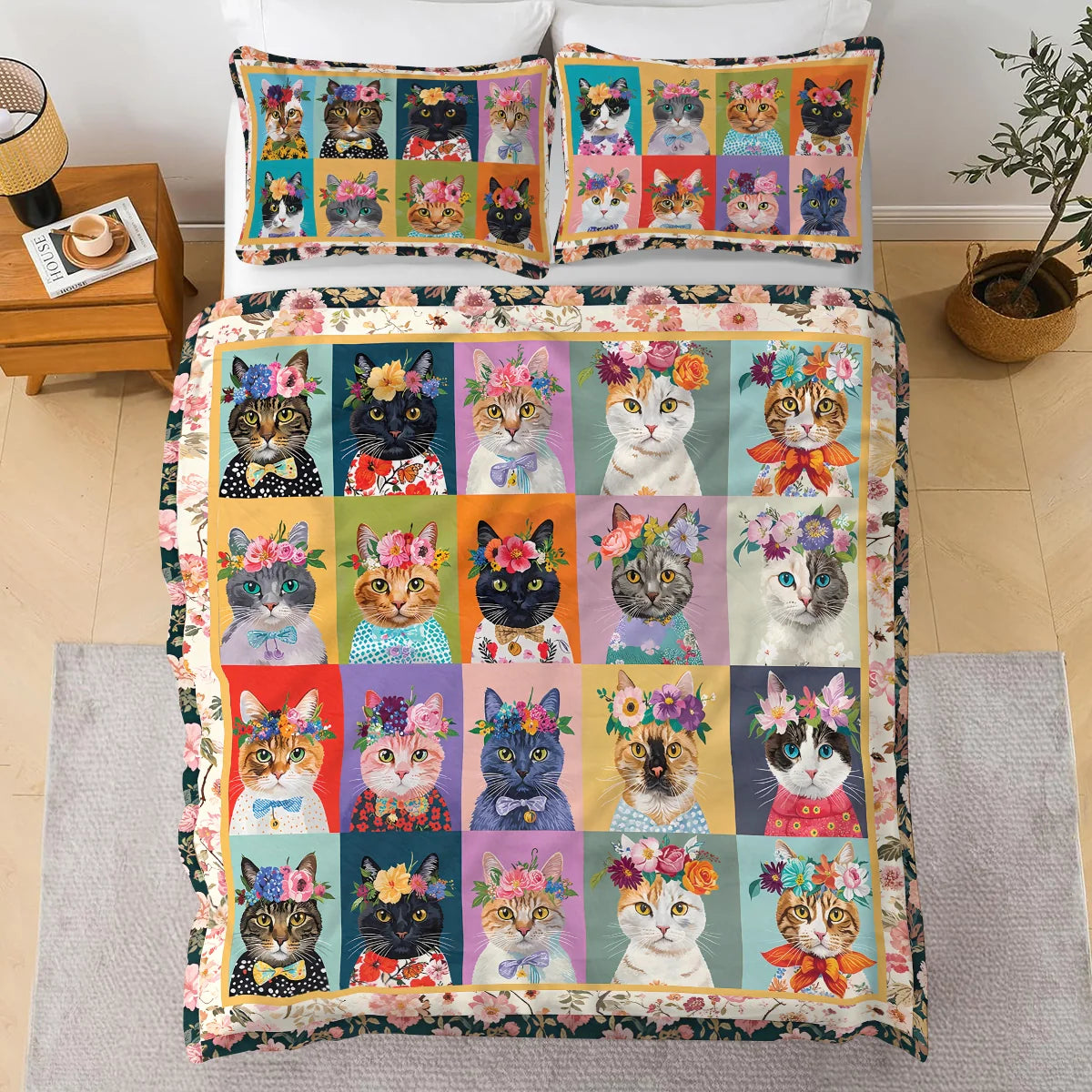 Pajabear 3 Pieces Duvet Cover Set Floral Cat Fantasy