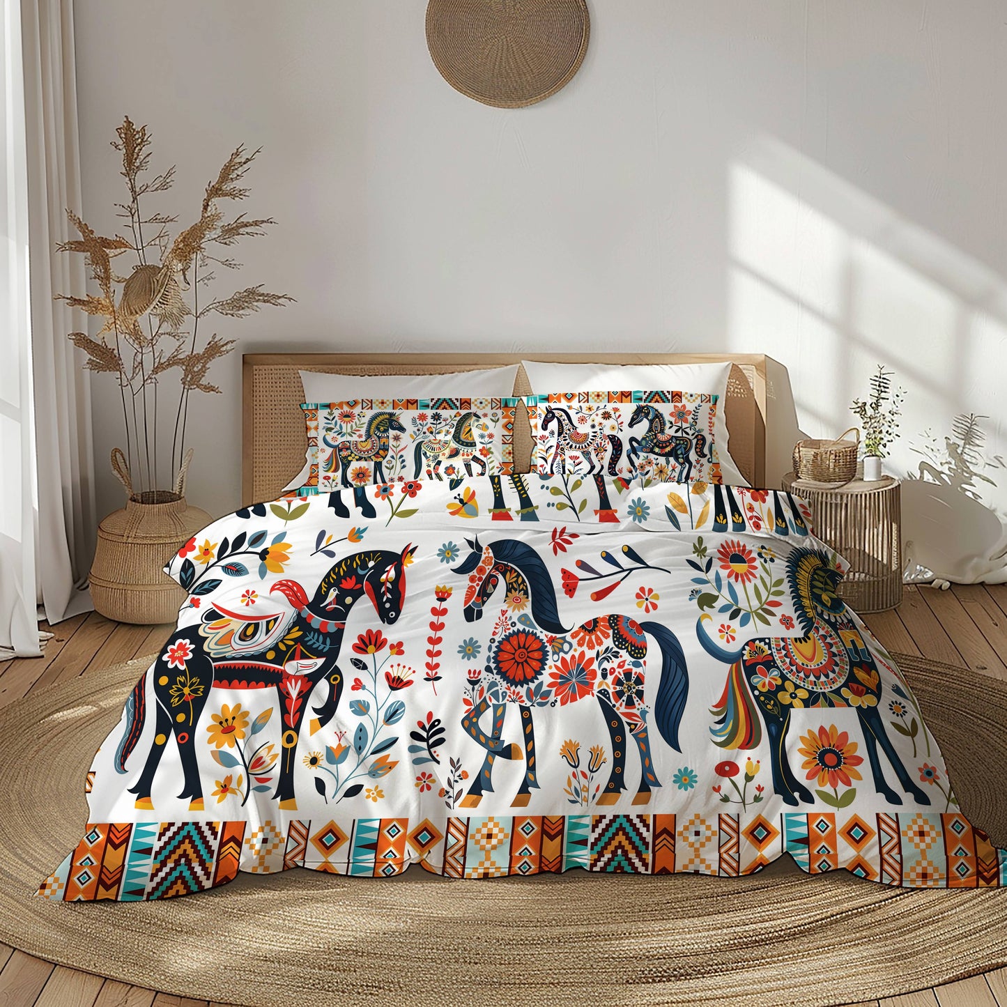 Pajabear 3 Pieces Duvet Cover Set Horse Floral Pattern