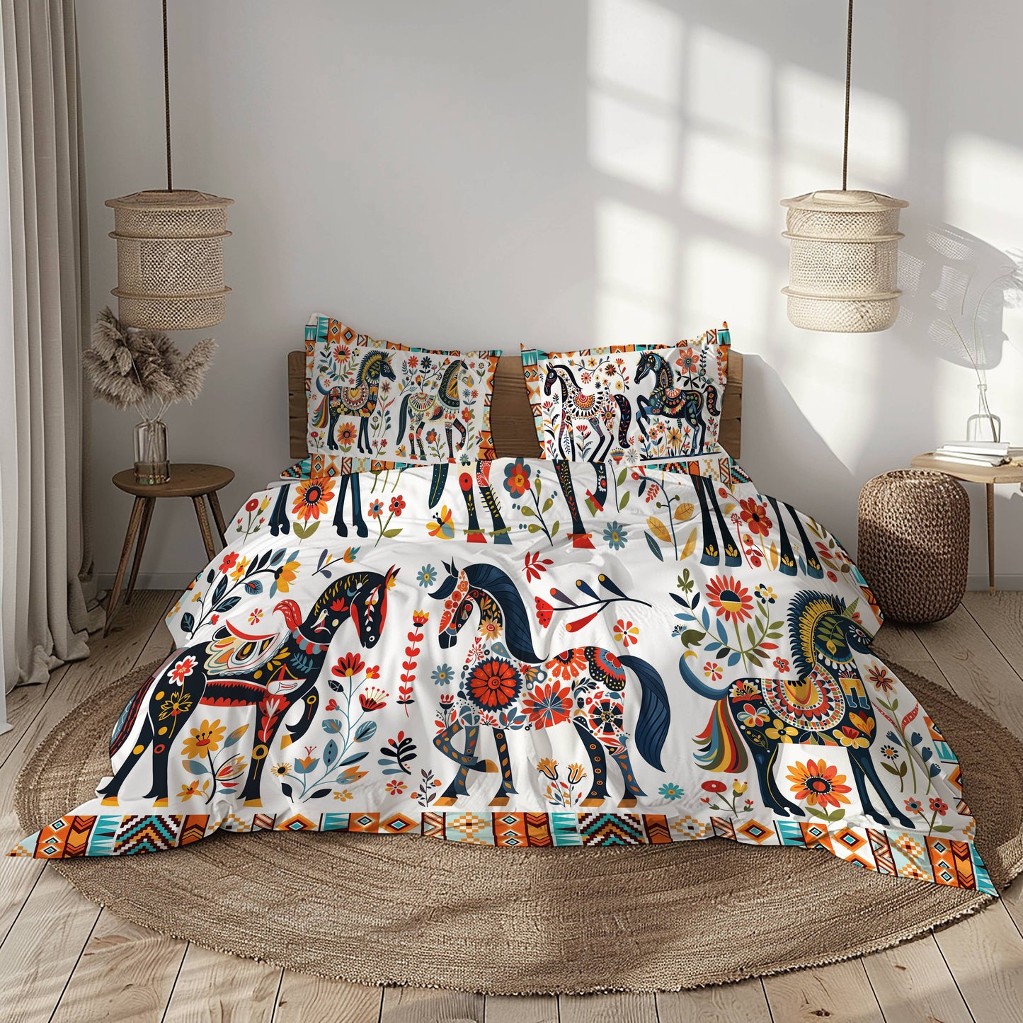 Pajabear 3 Pieces Duvet Cover Set Horse Floral Pattern