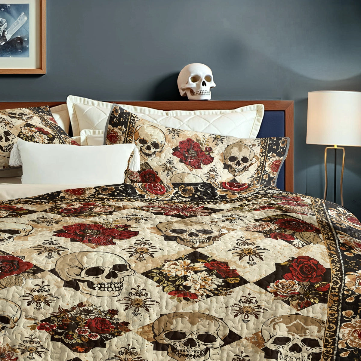 Pajabear Quilt 3-Piece Set Elegent Skull Roses