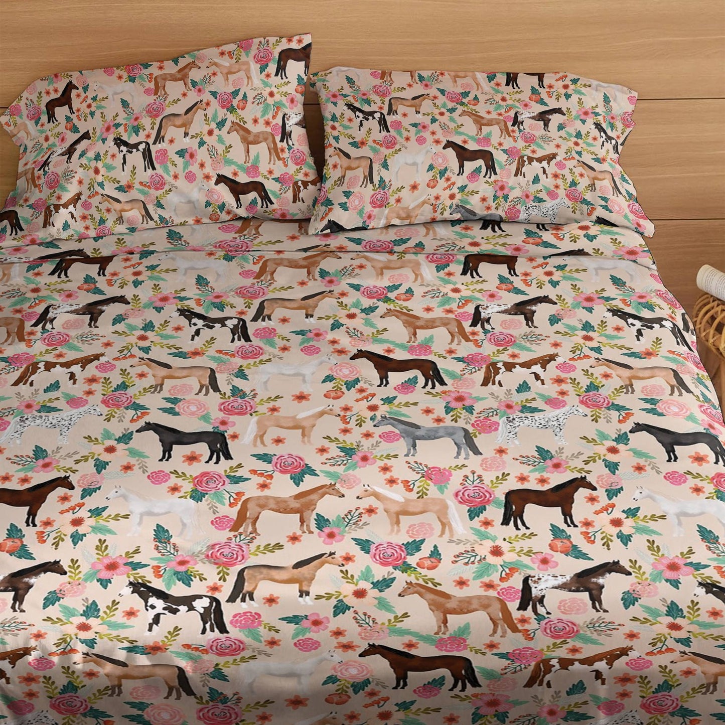 Pajabear 4-Piece Bed Sheet Set Horse Blooming