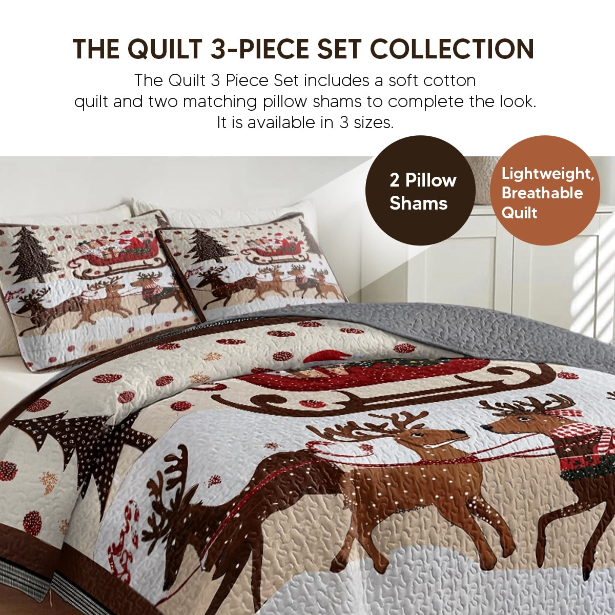 Pajabear Quilt 3-Piece Set Cozy Santa Claus With Reindeer Pulling His Sleigh Full Of Gifts