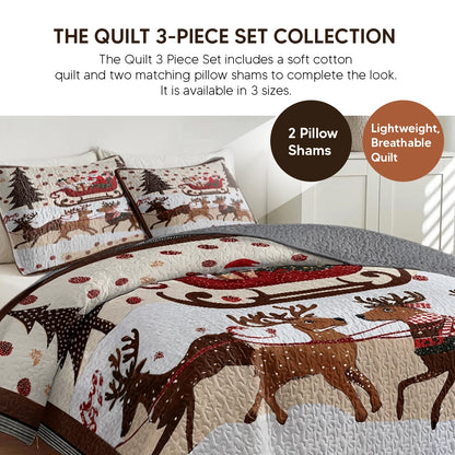 Pajabear Quilt 3-Piece Set Cozy Santa Claus With Reindeer Pulling His Sleigh Full Of Gifts