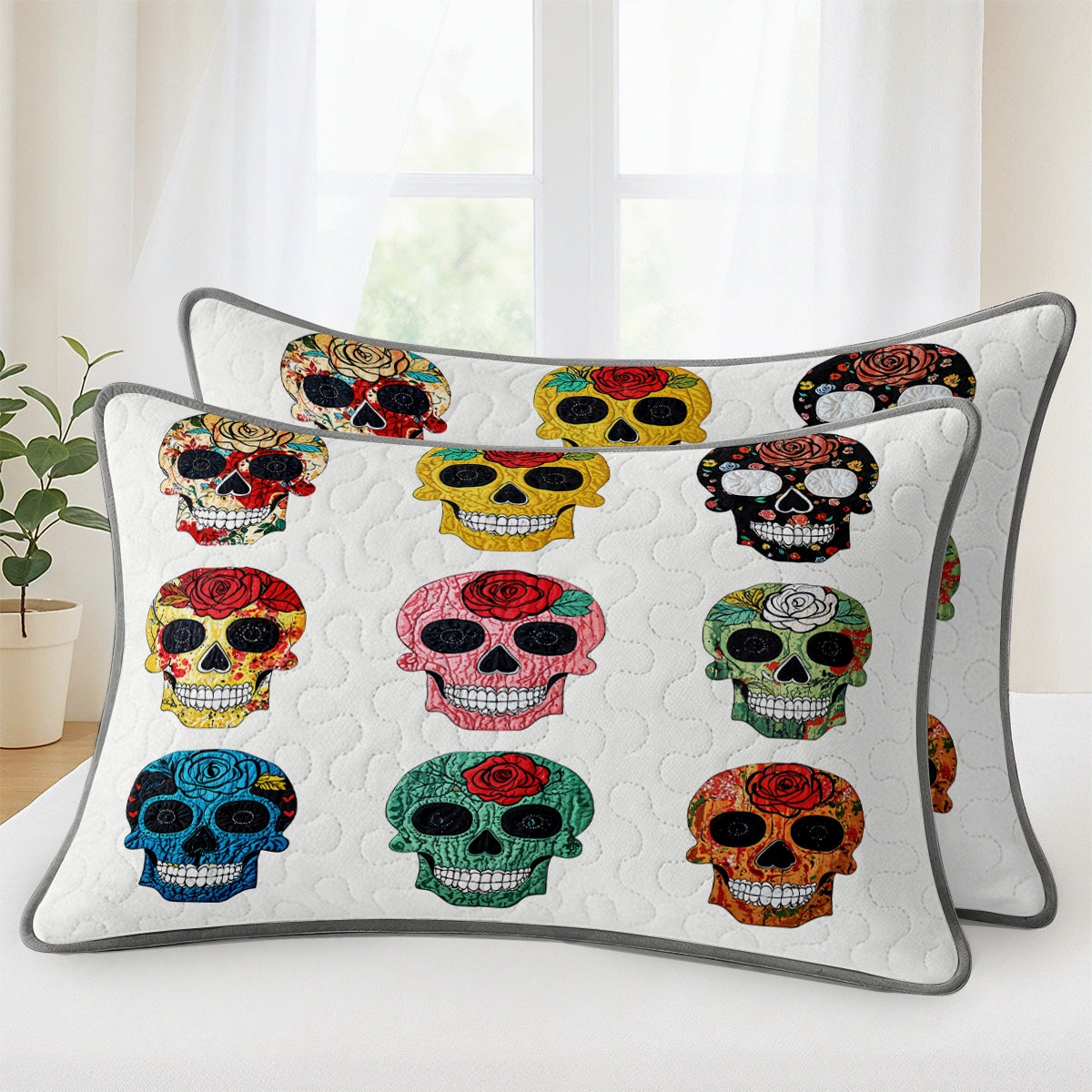 Pajabear Quilt 3-Piece Set Colorful Sugar Skull Roses
