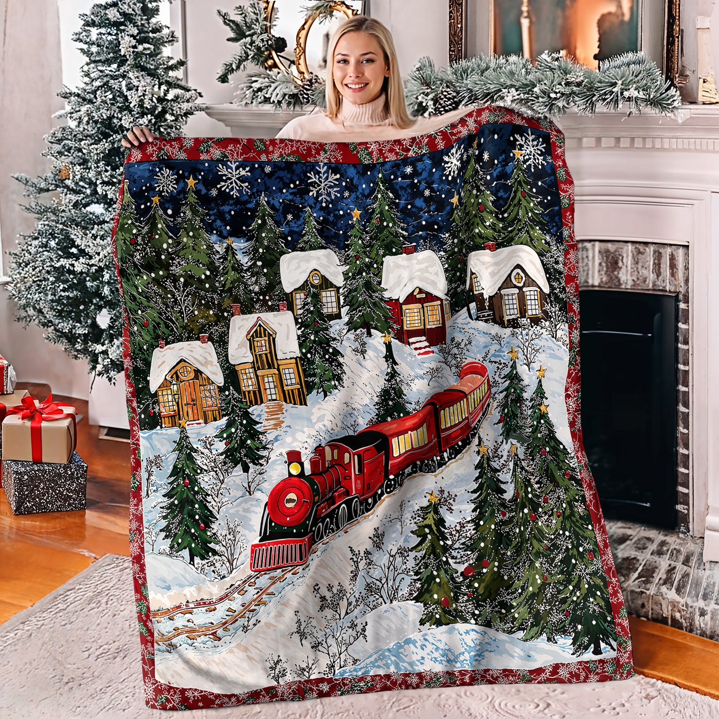 Pajabear Fleece Blanket Christmas Train Winter Wonderland