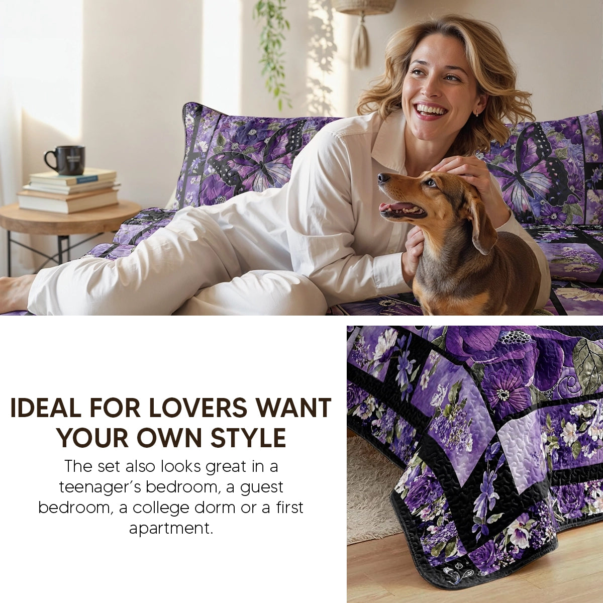 Pajabear Quilt 3-Piece Set Gorgeous Purple Butterfly Flowers