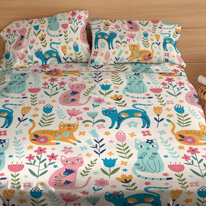 Pajabear 4-Piece Bed Sheet Set Floral Cats