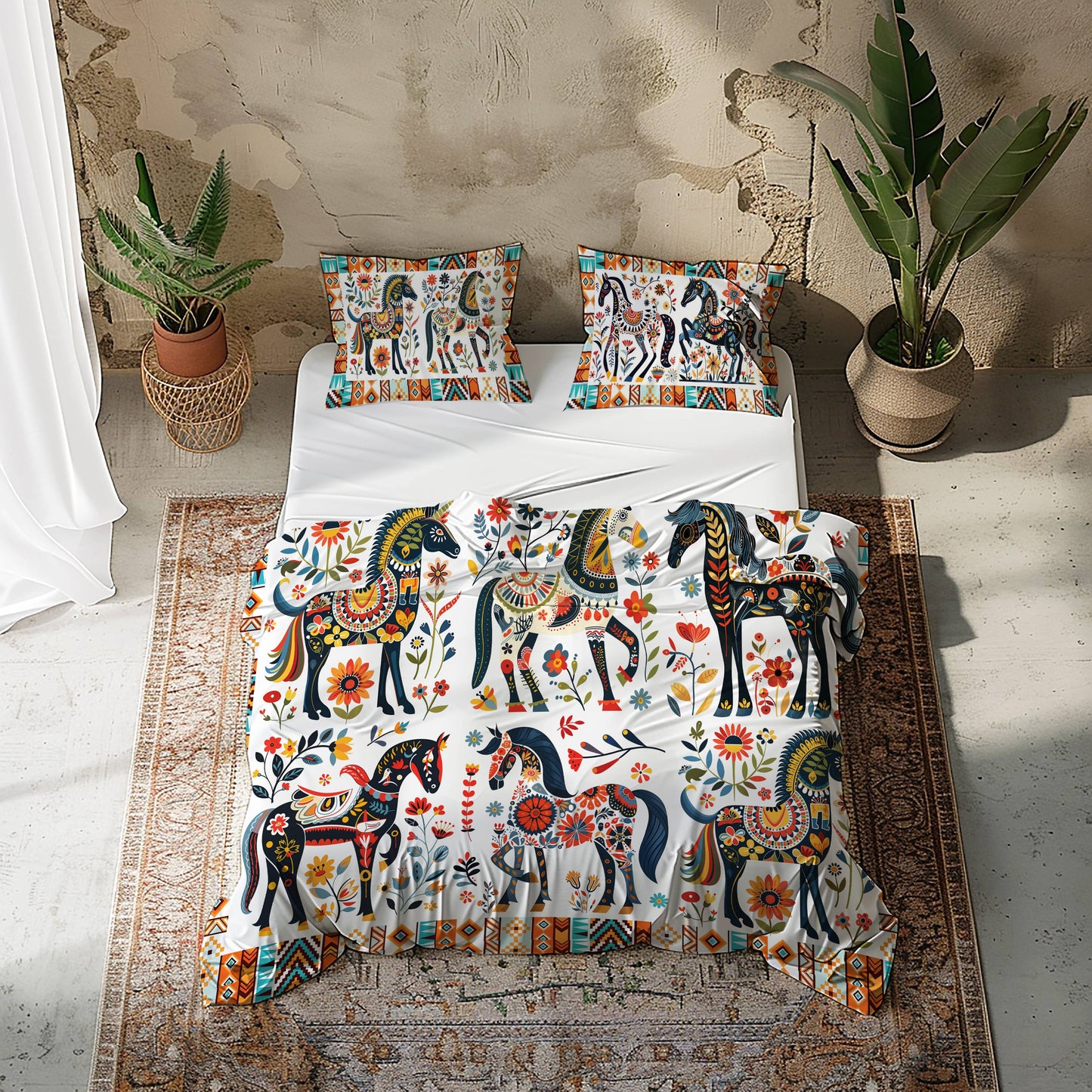 Pajabear 3 Pieces Duvet Cover Set Horse Floral Pattern