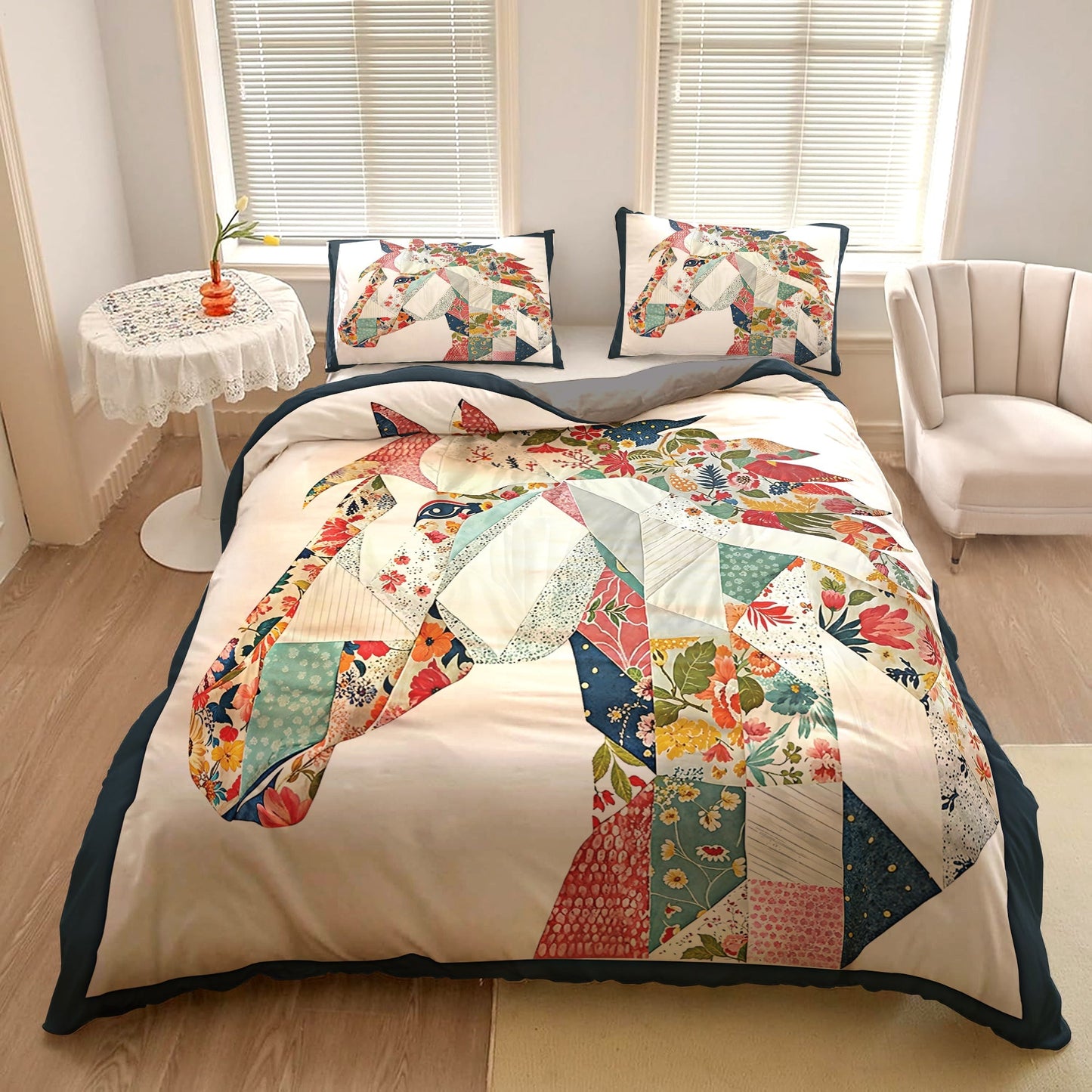 Pajabear 3 Pieces Duvet Cover Set - Charming Floral Horse