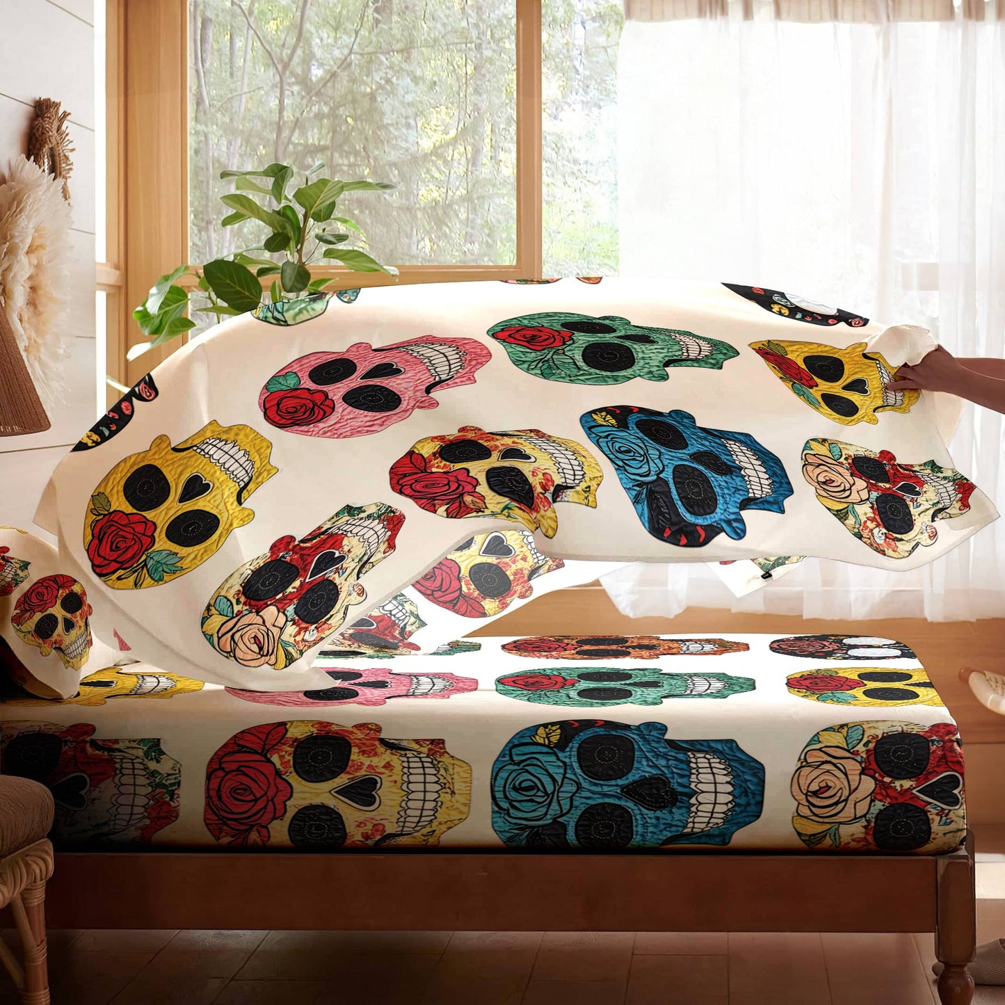 Pajabear 4-Piece Bed Sheet Set Colorful Sugar Skull Roses