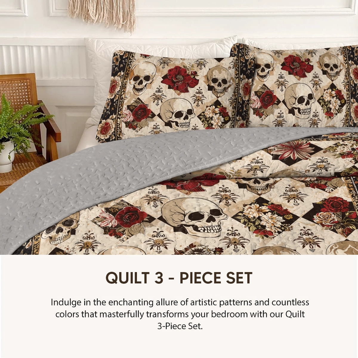 Pajabear Quilt 3-Piece Set Elegent Skull Roses