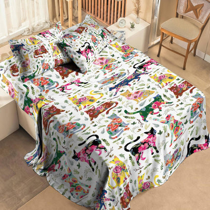Pajabear 4-Piece Bed Sheet Set Cat Flower