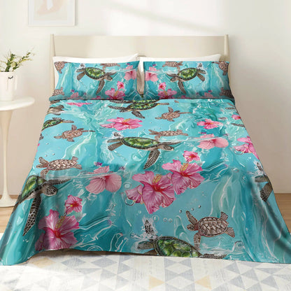 Pajabear 4-Piece Bed Sheet Set - Sea Turtle Hibiscus