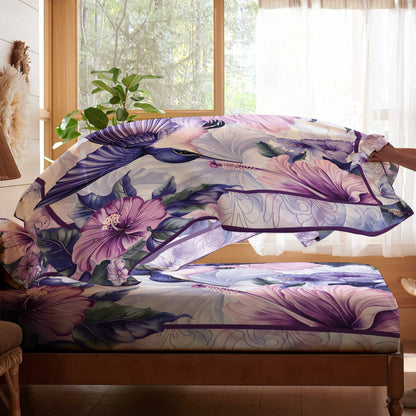 Pajabear 4-Piece Bed Sheet Set Hummingbird With Hibicus Flowers