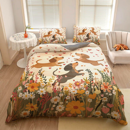 Pajabear 3 Pieces Duvet Cover Set - Floral Dachshund With Heart