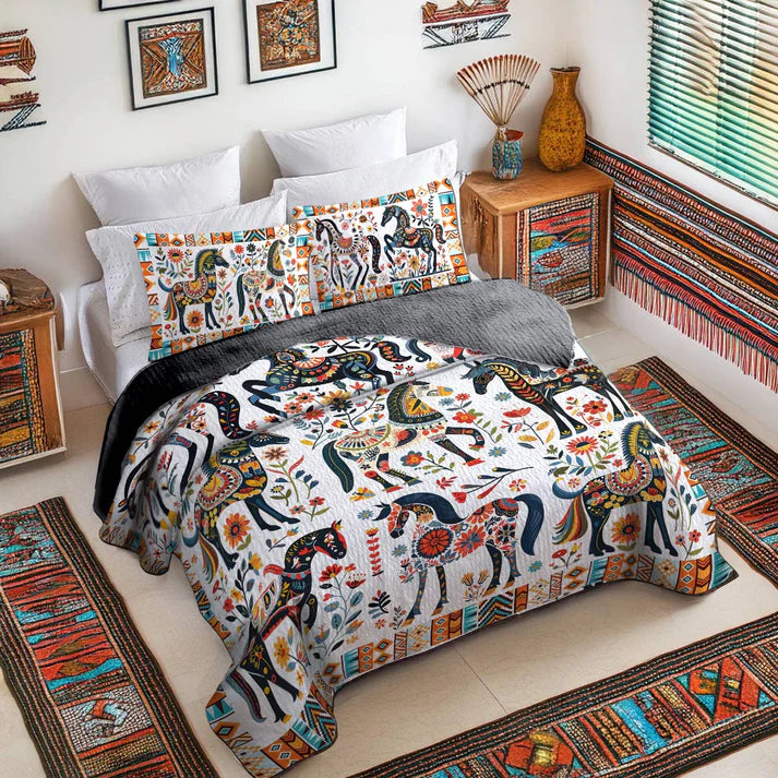 Pajabear Quilt 3-Piece Set Horse Floral Pattern
