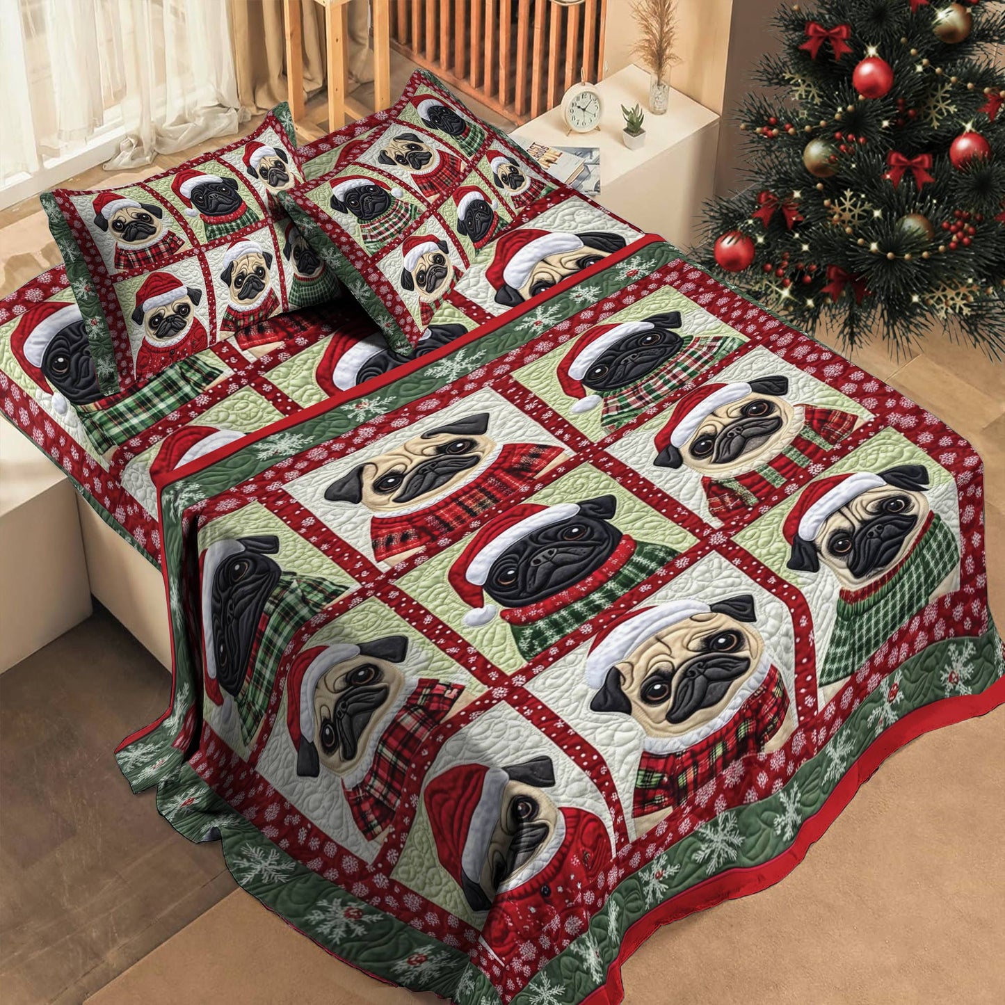 Pajabear 4-Piece Bed Sheet Set Festive Pugs