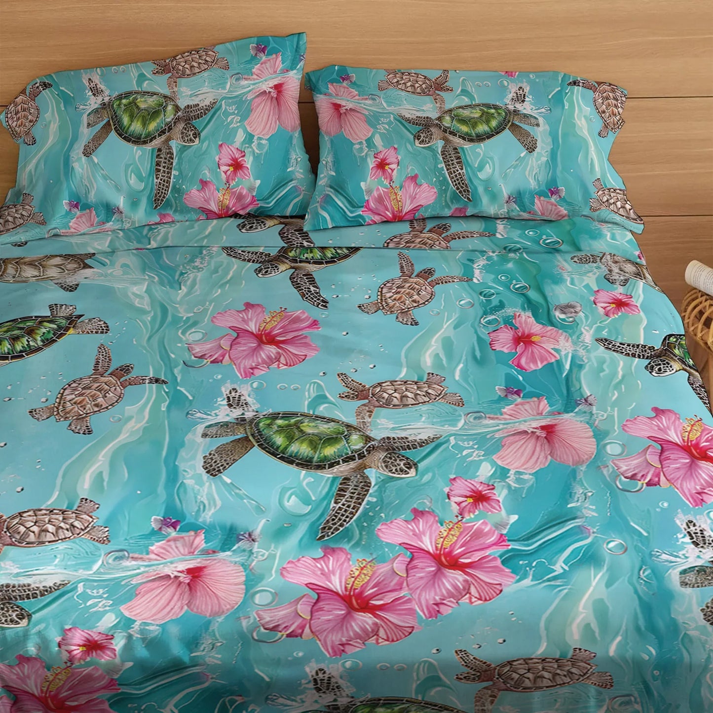Pajabear 4-Piece Bed Sheet Set - Sea Turtle Hibiscus
