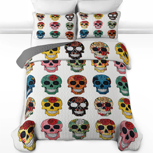 Pajabear Quilt 3-Piece Set Colorful Sugar Skull Roses