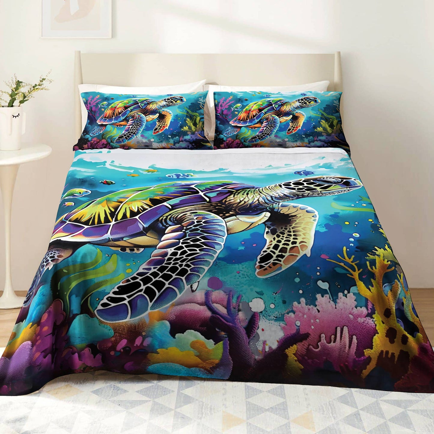 Pajabear 4-Piece Bed Sheet Set Neon Sea Turle
