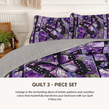Pajabear Quilt 3-Piece Set Gorgeous Purple Butterfly Flowers