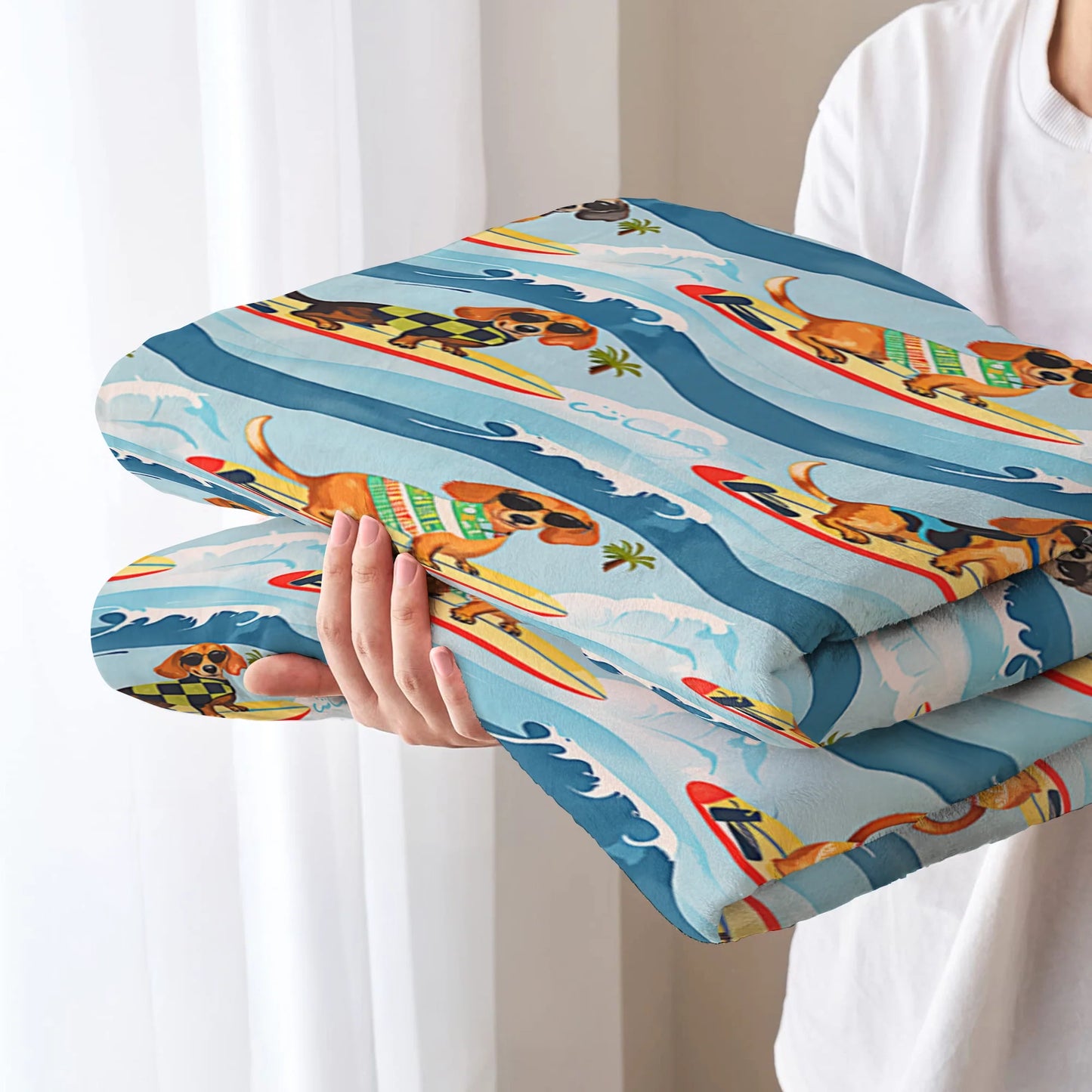 Dachshine Fleece Blanket Dachshund Surfing