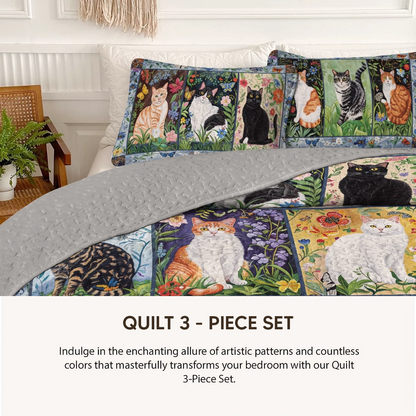 Pajabear Quilt 3-Piece Set Cat Floral Felines