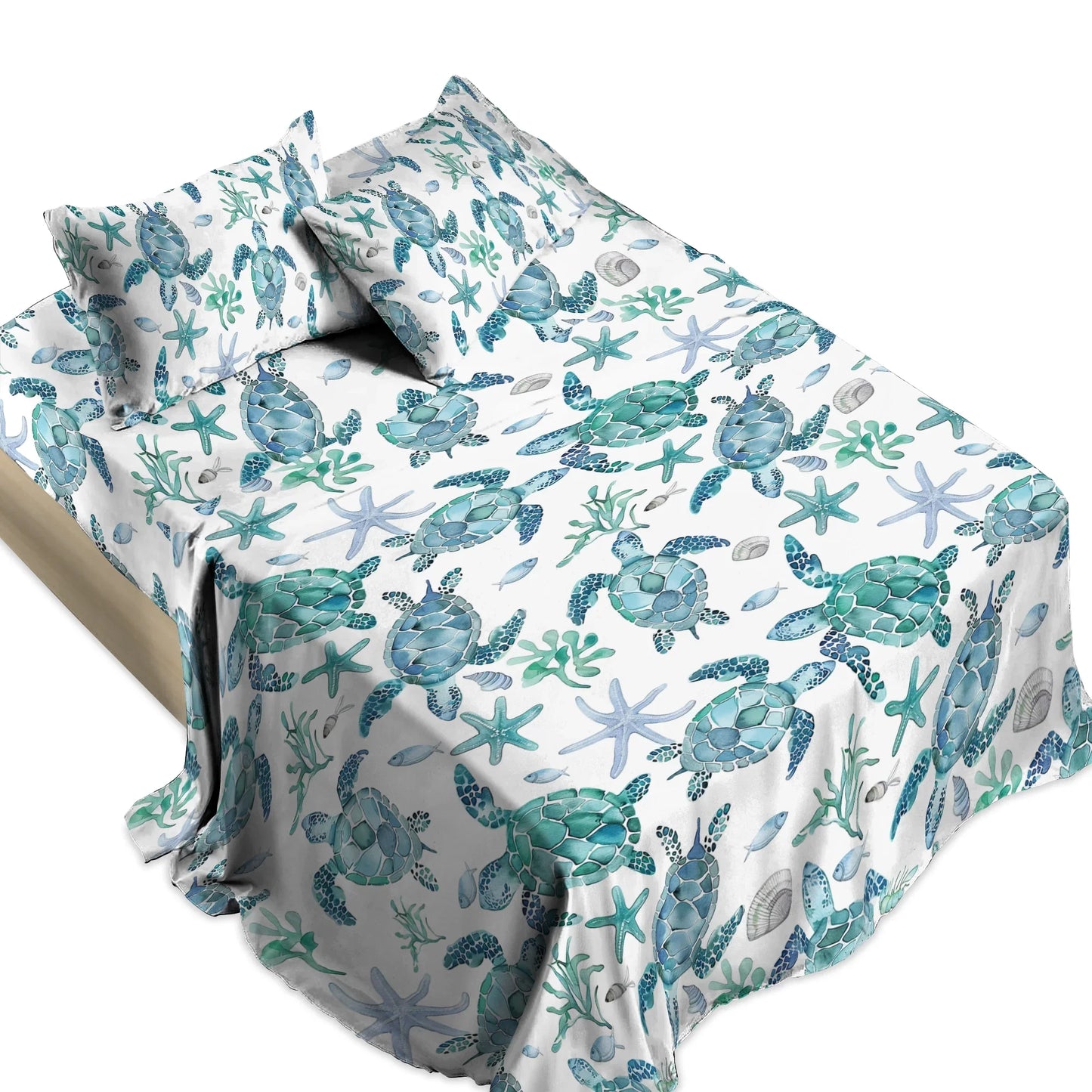 Pajabear 4-Piece Bed Sheet Set - Sea Turtle Blue Flow