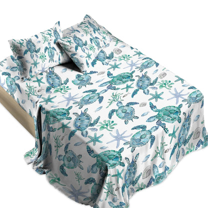 Pajabear 4-Piece Bed Sheet Set - Sea Turtle Blue Flow