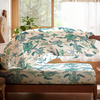 Pajabear 4-Piece Bed Sheet Set - Sea Turtle Blue Flow