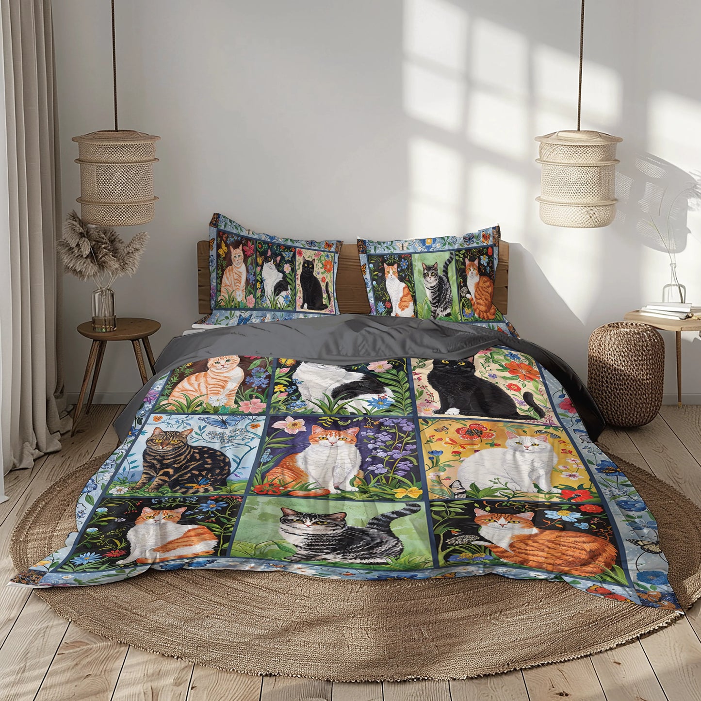 Pajabear 3 Pieces Duvet Cover Set Cat Floral Felines