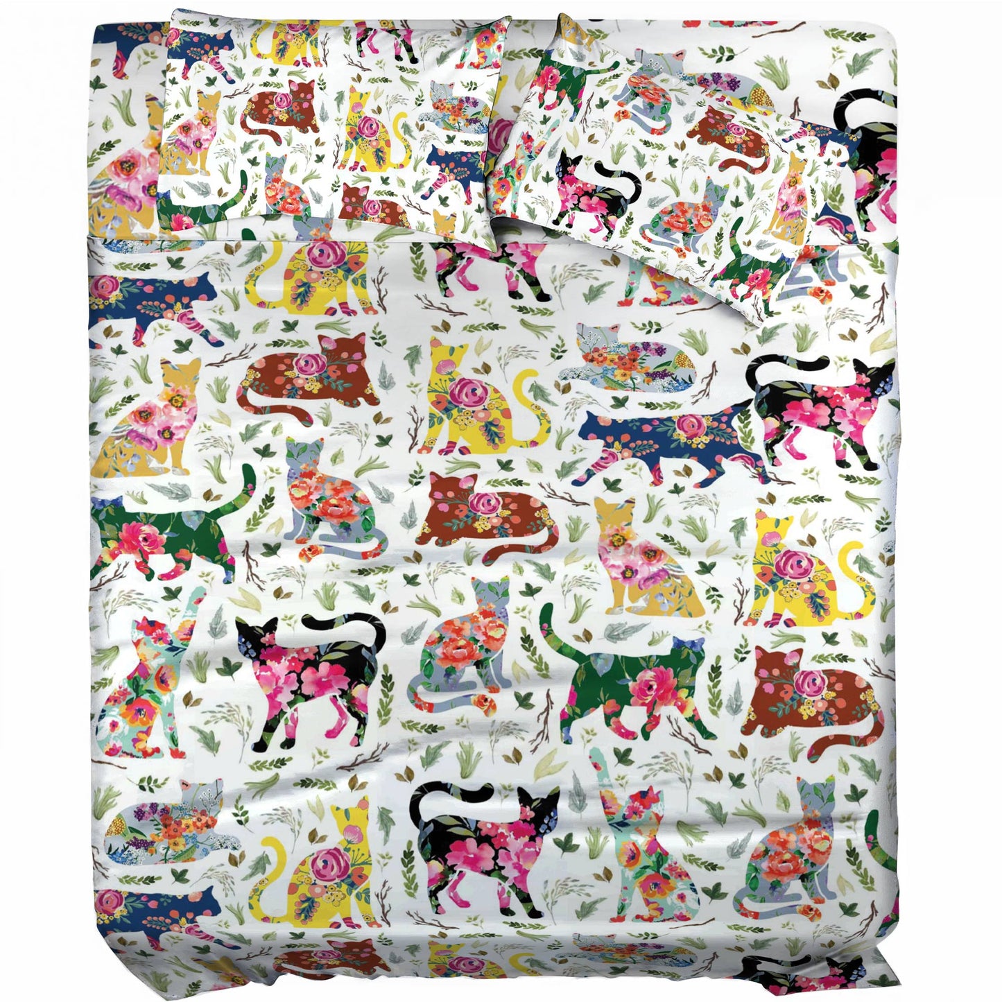 Pajabear 4-Piece Bed Sheet Set Cat Flower