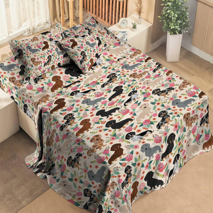 Pajabear 4-Piece Bed Sheet Set Floral Dachshunds