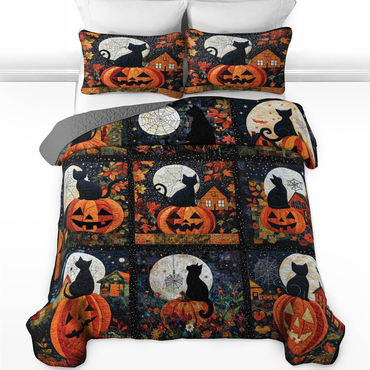 Pajabear All Season Quilt 3-Piece Set Black Cat Pumpkins Fall Love Peace