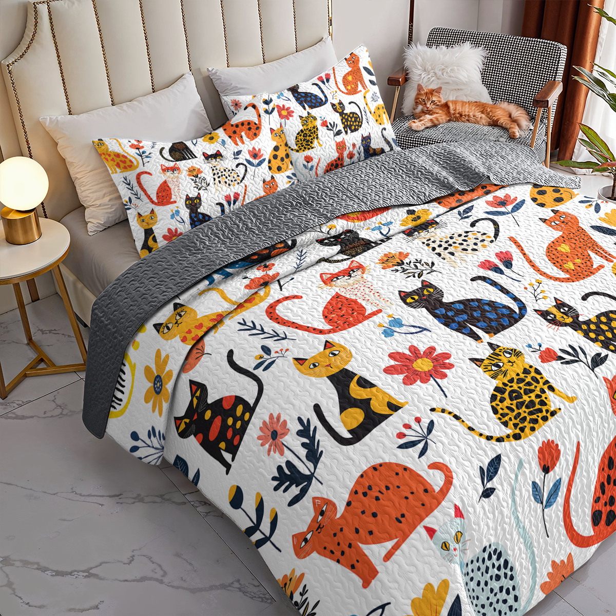 Pajabear Quilt 3-Piece Set Purrfectly Feline With Floral