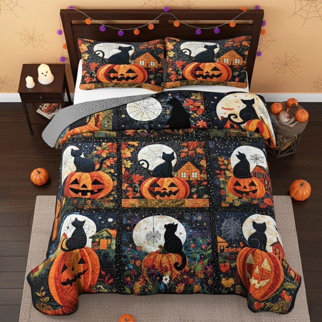 Pajabear All Season Quilt 3-Piece Set Black Cat Pumpkins Fall Love Peace