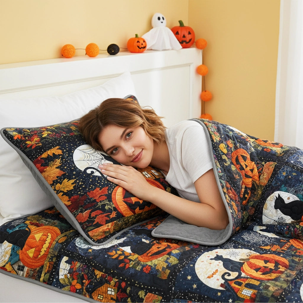 Pajabear All Season Quilt 3-Piece Set Black Cat Pumpkins Fall Love Peace Halloween Collection