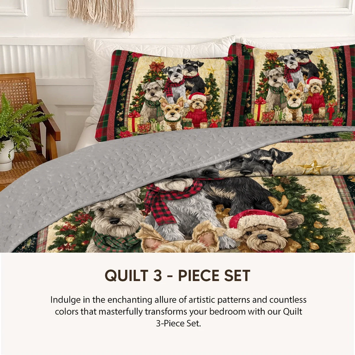 Pajabear Quilt 3-Piece Set Santa’s Schnauzer Crew