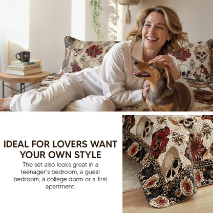 Pajabear Quilt 3-Piece Set Gothic Night Rose Skulls