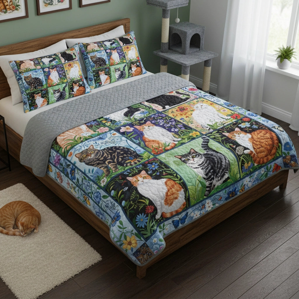 Pajabear Quilt 3-Piece Set Cat Floral Felines