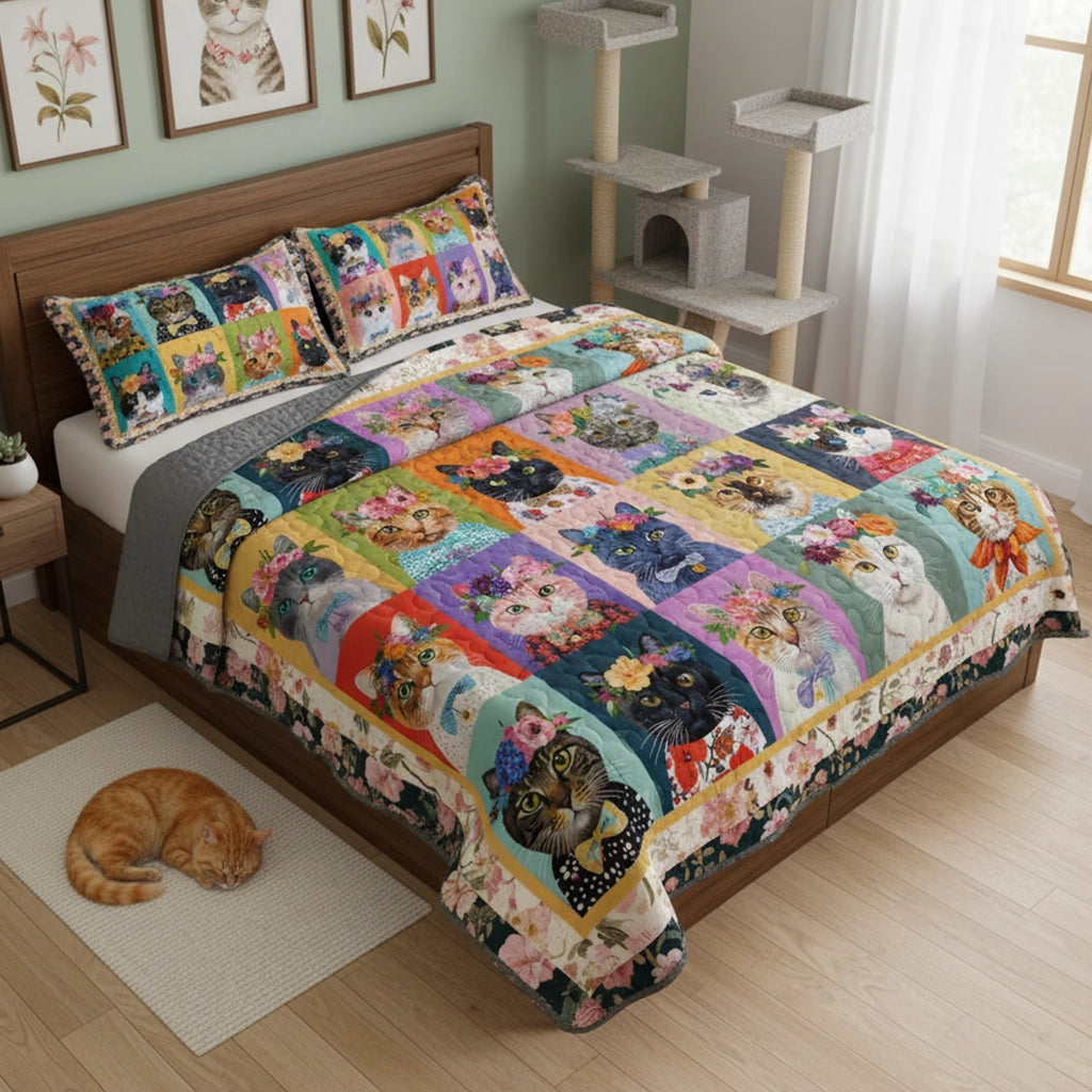Pajabear Quilt 3-Piece Set Floral Cat Fantasy