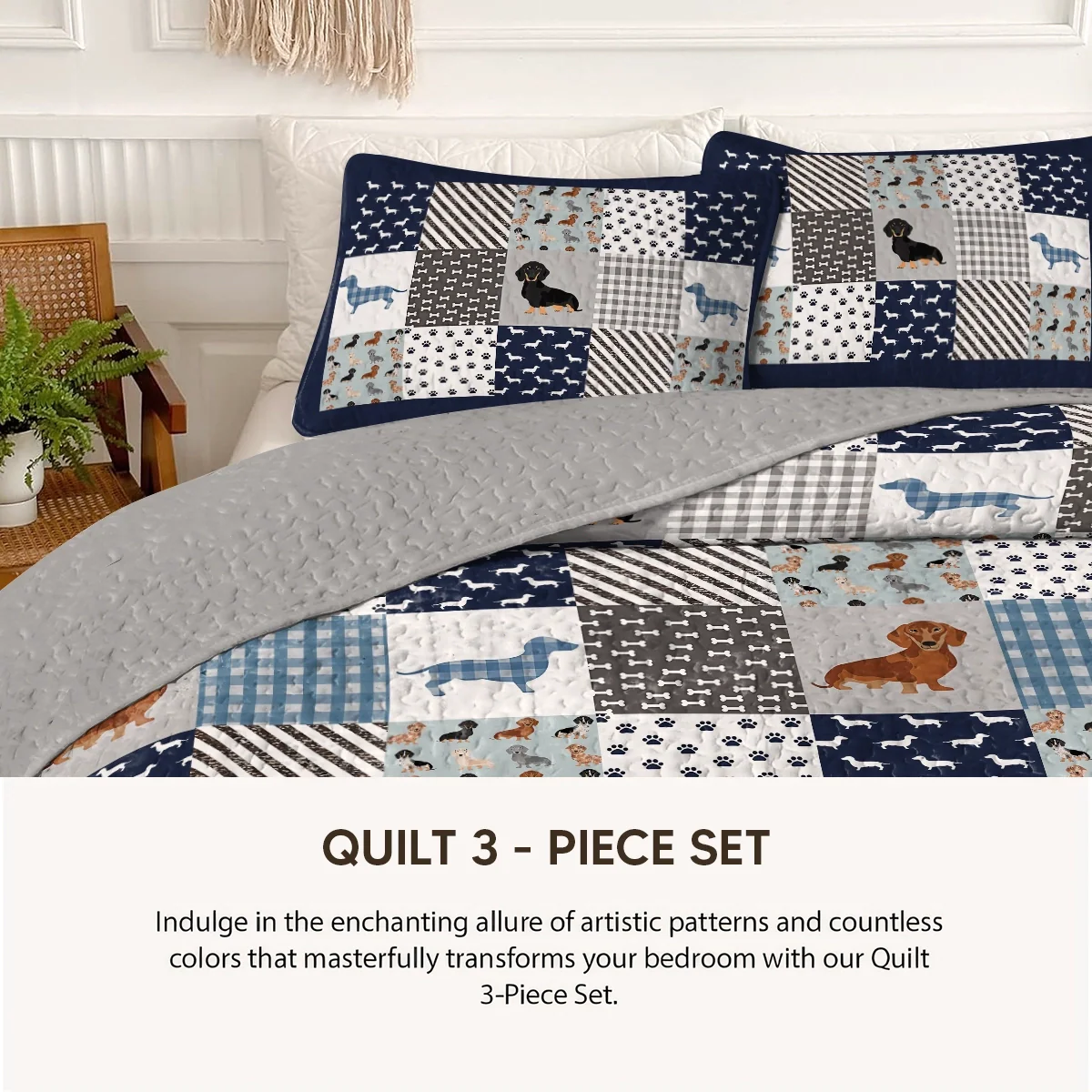 Pajabear Quilt 3-Piece Set Winter Dachshund Parade