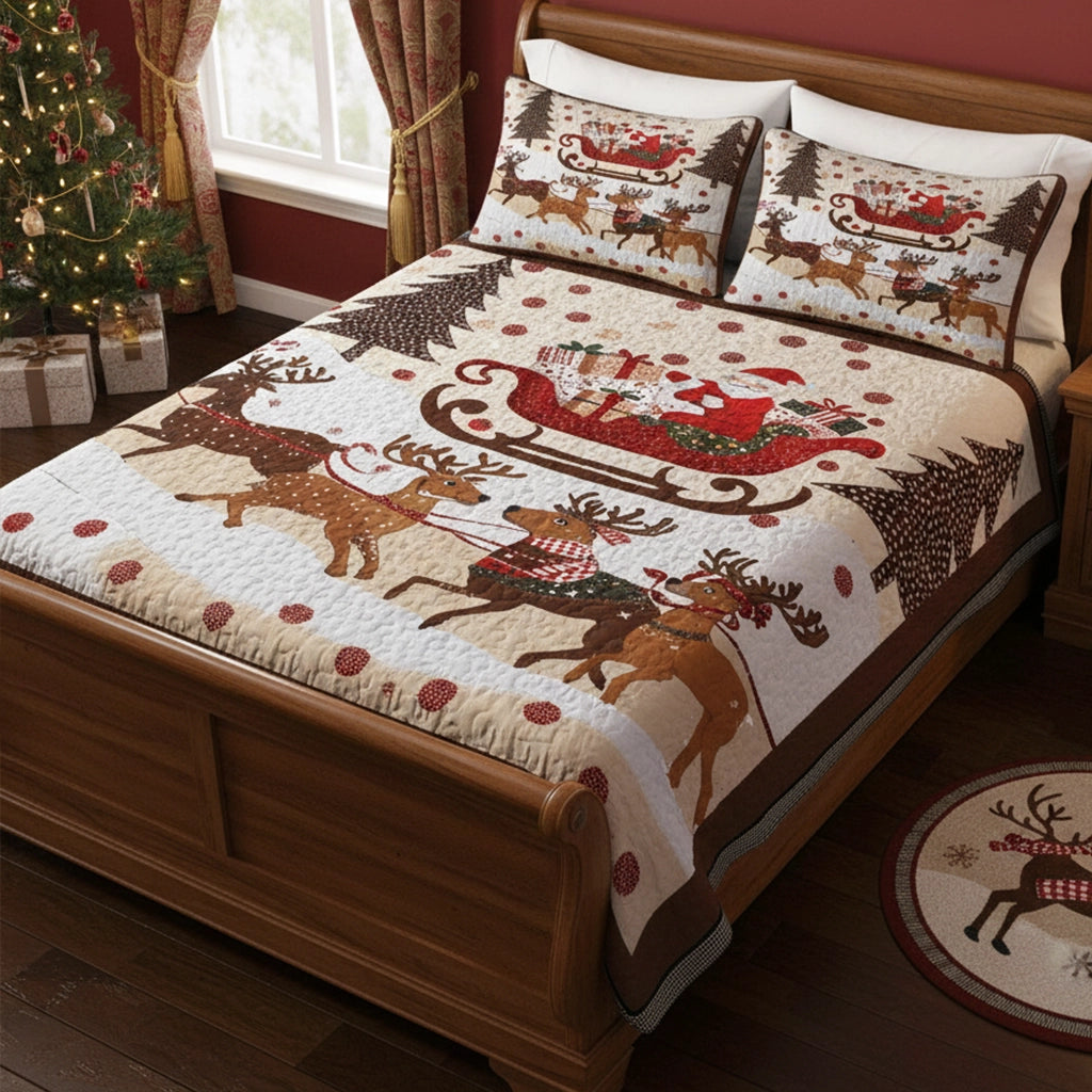 Pajabear Quilt 3-Piece Set Cozy Santa Claus With Reindeer Pulling His Sleigh Full Of Gifts