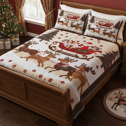 Pajabear Quilt 3-Piece Set Cozy Santa Claus With Reindeer Pulling His Sleigh Full Of Gifts