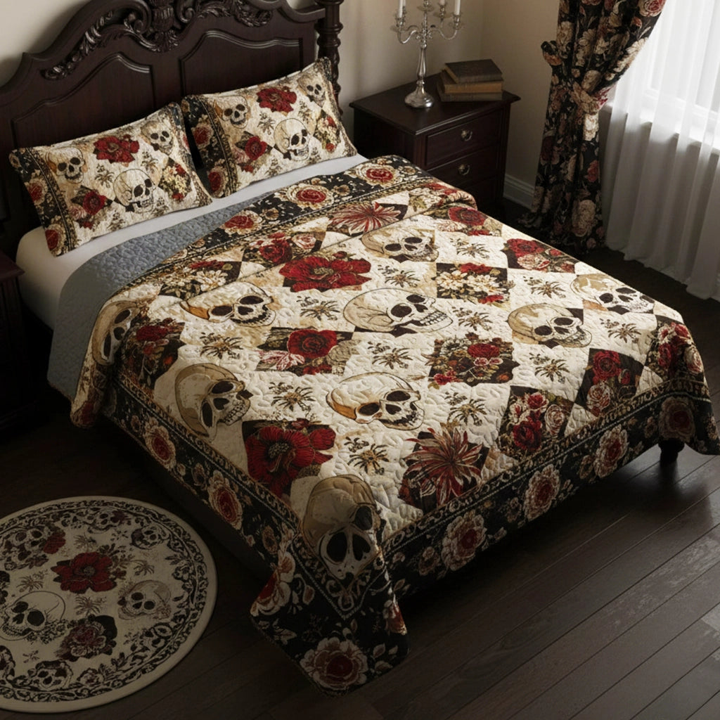 Pajabear Quilt 3-Piece Set Elegent Skull Roses