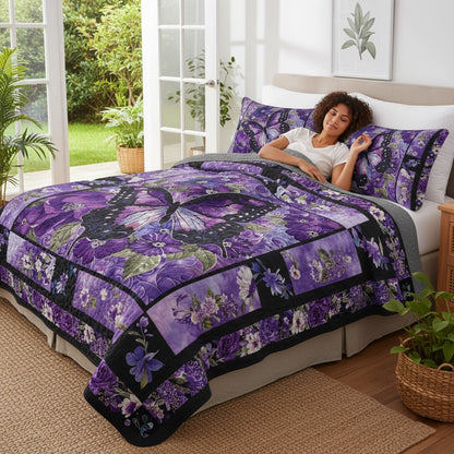 Pajabear Quilt 3-Piece Set Gorgeous Purple Butterfly Flowers