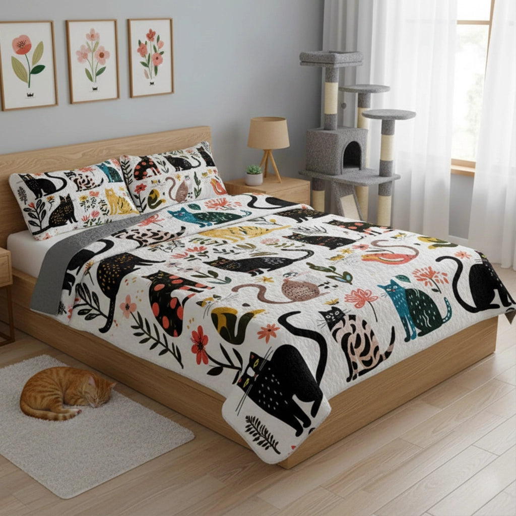Pajabear Quilt 3-Piece Set Botanical Cat Bliss